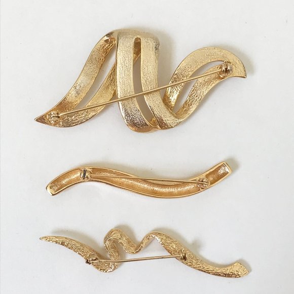 Vintage Polished Shiny Gold Tone Abstract Classic Squiggle Brooches Lot of 3 - Picture 2 of 2